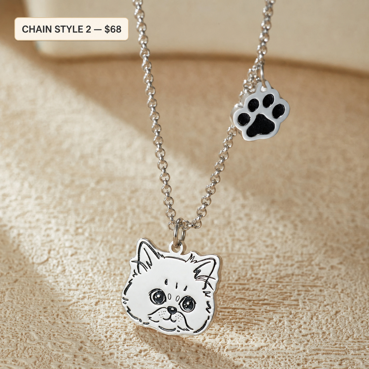 Custom 925 sterling silver pet portrait necklace — Chain Style 2 with price