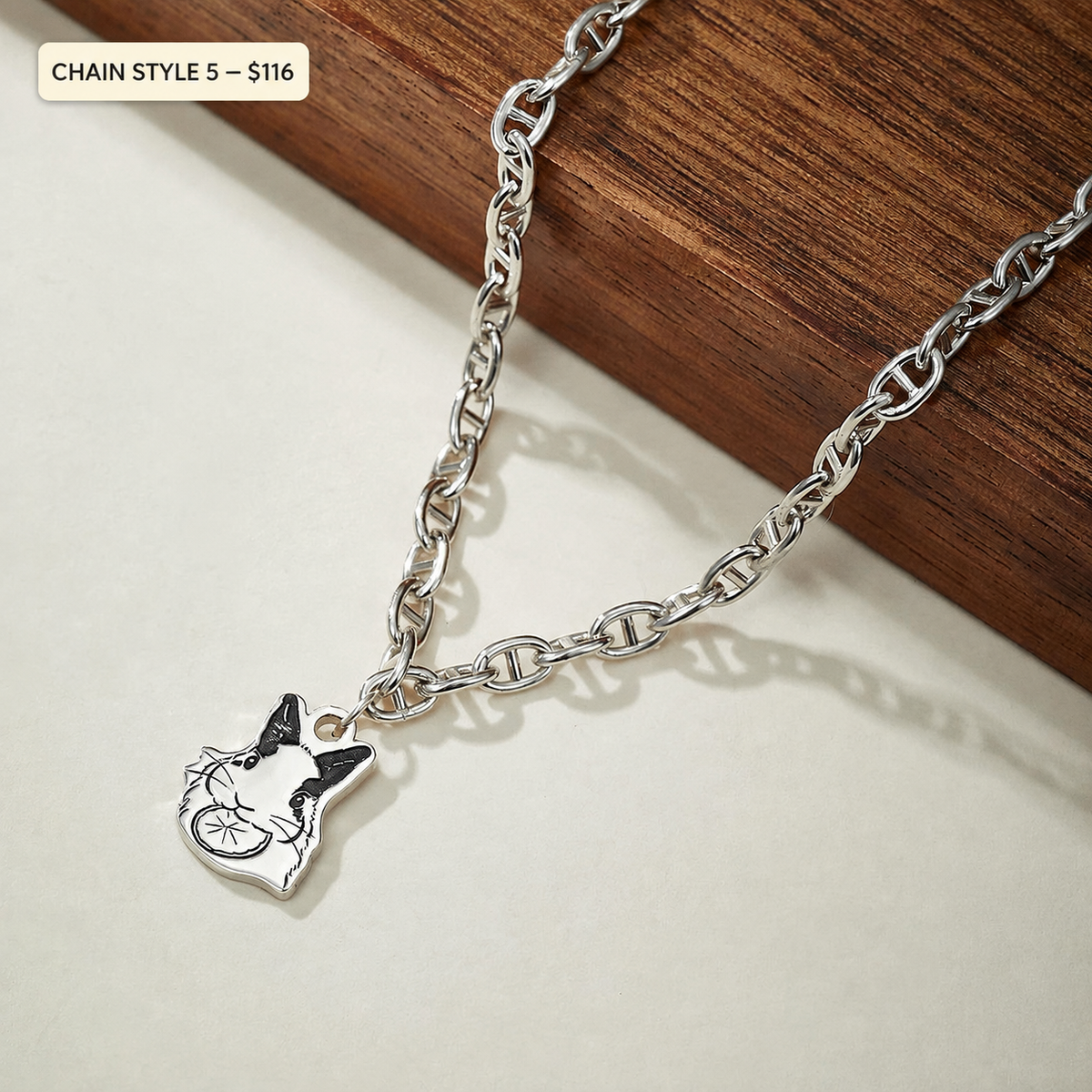 Custom 925 sterling silver pet portrait necklace — Chain Style 5 with price