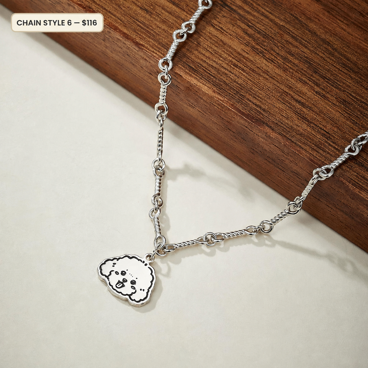 Custom 925 sterling silver pet portrait necklace — Chain Style 6 with price