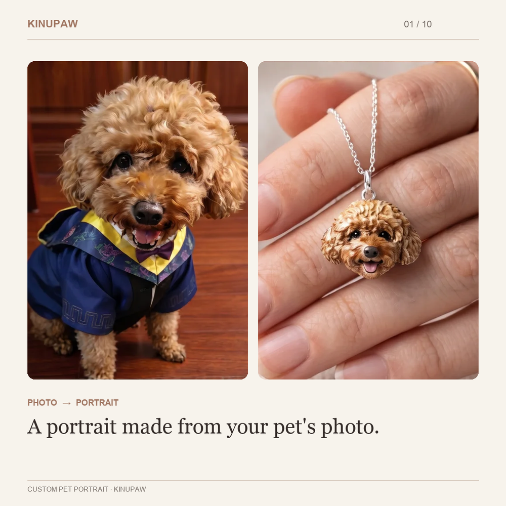 Brown dog photo beside its custom portrait pendant