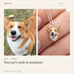 Corgi photo beside its custom portrait pendant
