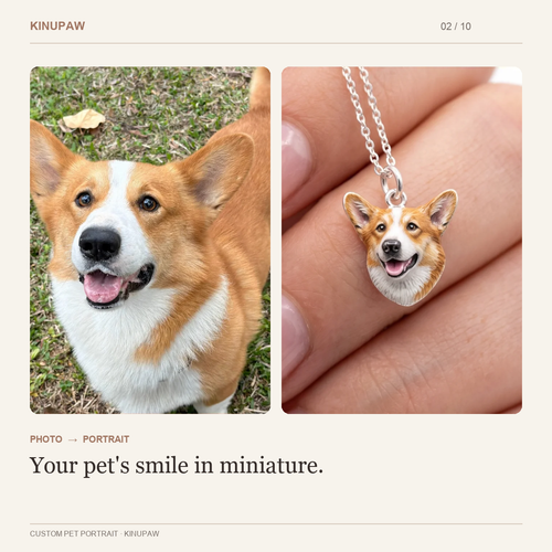 Corgi photo beside its custom portrait pendant