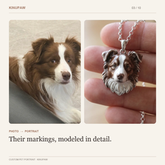 Collie photo beside its custom portrait pendant