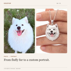 White dog photo beside its custom portrait pendant