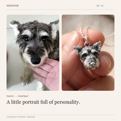 Schnauzer photo beside its custom portrait pendant