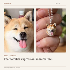 Shiba Inu photo beside its custom portrait pendant