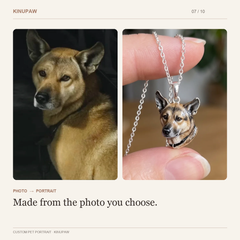 Dog photo beside its custom portrait pendant