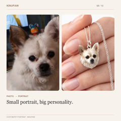 Small white dog photo beside its custom portrait pendant