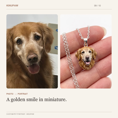 Golden retriever photo beside its custom portrait pendant