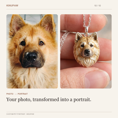 Fluffy tan dog photo beside its custom portrait pendant